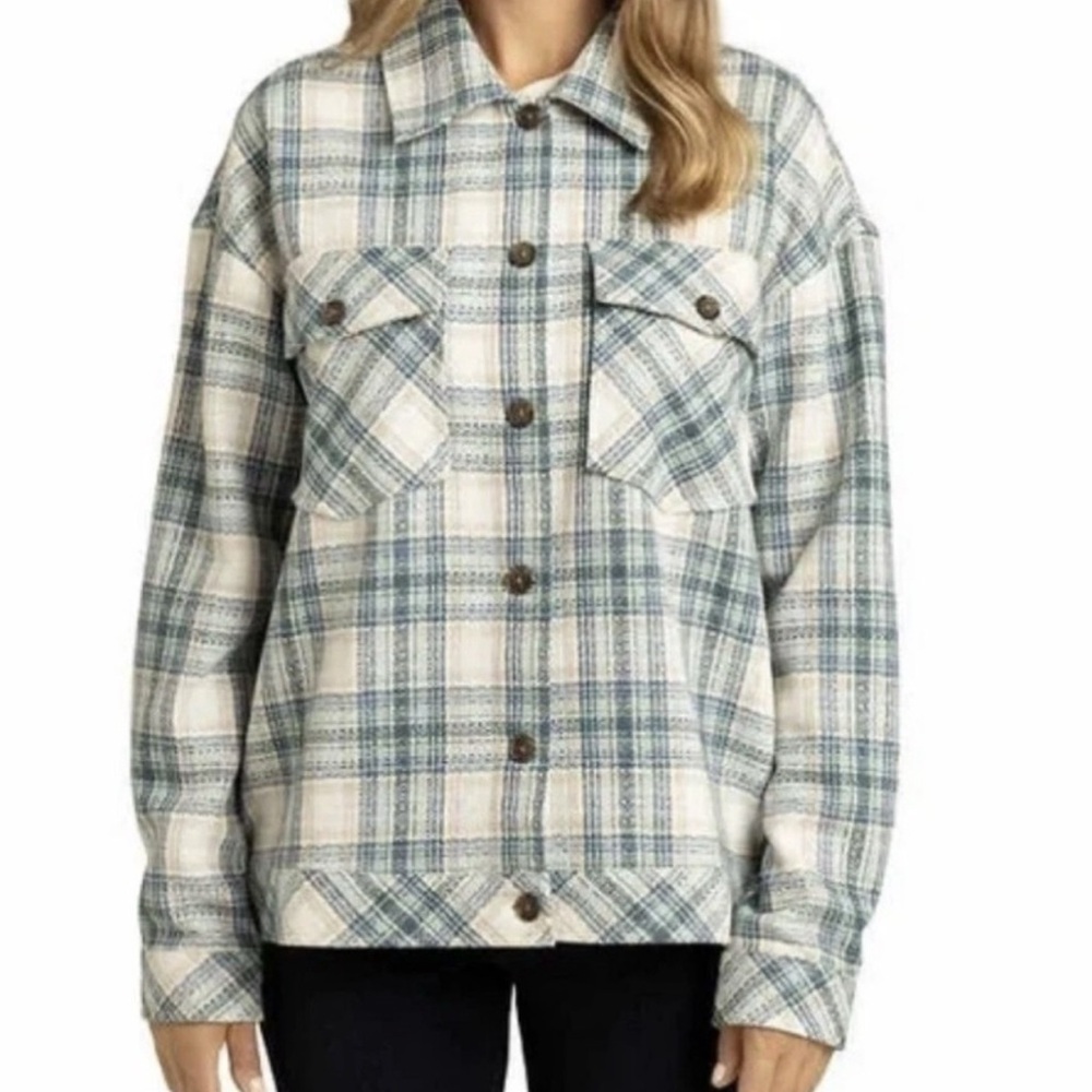 Boston Traders Green/blue/Cream lightweight Plaid Button Down Shacket